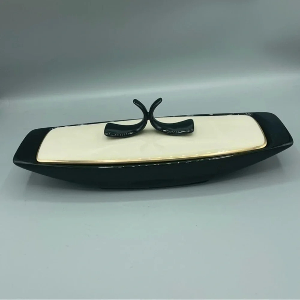 MCM Vintage Lenox Jam Relish Dish with 24-K‎ Gold Black White Made in USA
